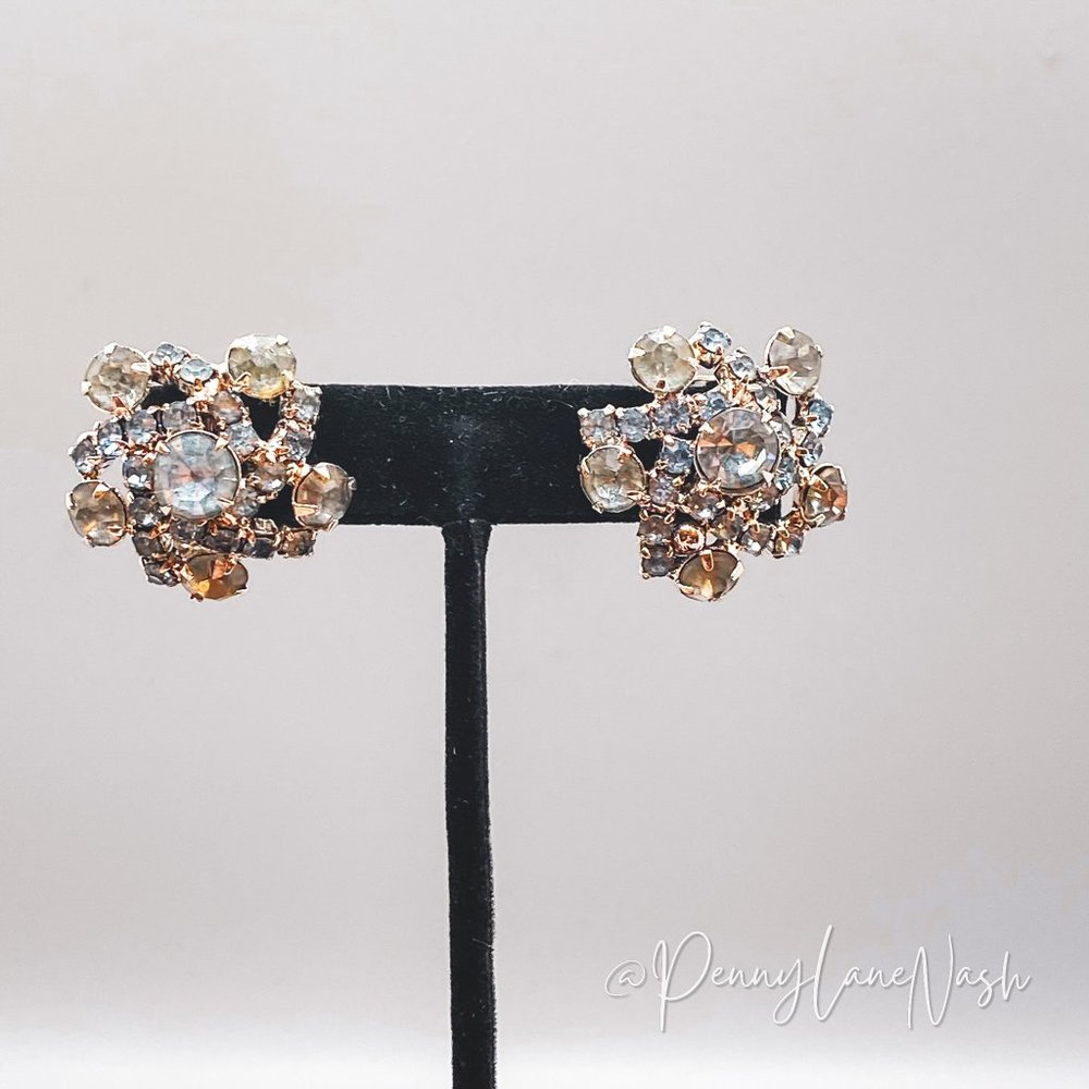Vintage Multi Stone Clear & Gold Flower Cluster Stud Earrings